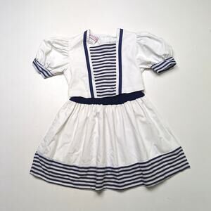Vintage Roanna Dress Girls Size 6 White Navy Stripe Nautical Drop Waist